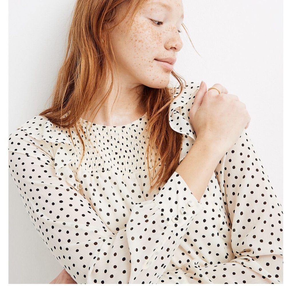 Smocked Ruffle-Shoulder Midi Dress in Inkbrush Dots